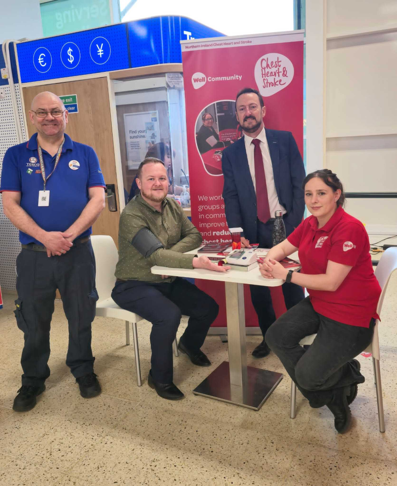 <p>Ronny McFall, Tesco Community Champion, Colin Crawford MLA, Neil Johnston and Karina Scott, NICHS.</p>