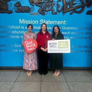 St Louis Mrs Mc Greevy Vice Principal and Mrs O Neill Principal from St Louis Grammar School Ballymena with Aoife Loughran Workplace Health and Wellbeing Coordinator Northern Ireland Chest Heart and Strok